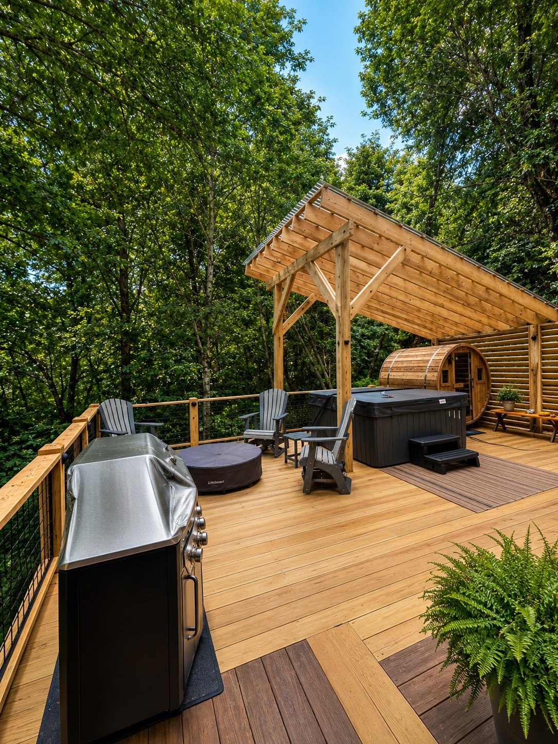 Cedar pergola over a hot tub with barrel sauna on a custom deck, built by BluWolf Contracting in the High Country