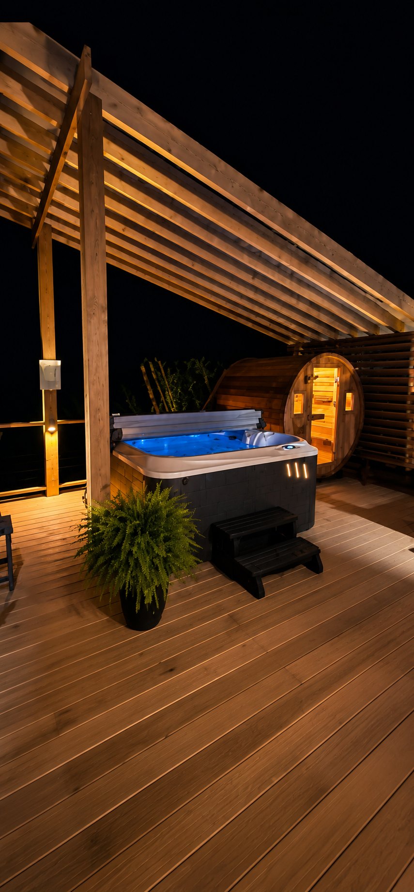 Covered pergola with hot tub and barrel sauna on a custom deck at night, High Country NC